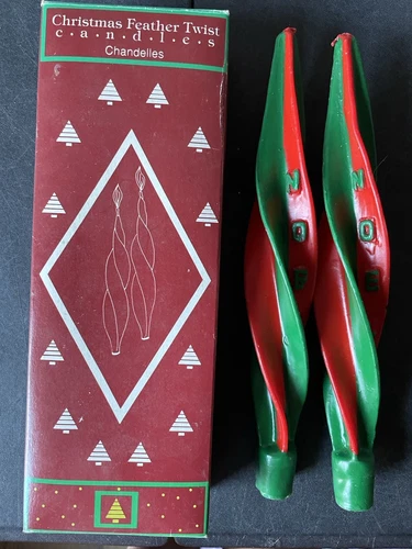 2 Vintage FEATHER TWIST Christmas CANDLES Noel 10" Red Green STICKS Chandelles - product listing photo