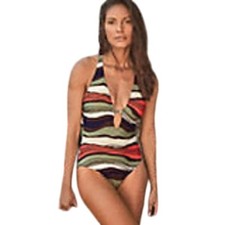 Vince Camuto Tidal Stripe One-Piece Swimsuit Plunge Vneck Ruching bottom Size 10