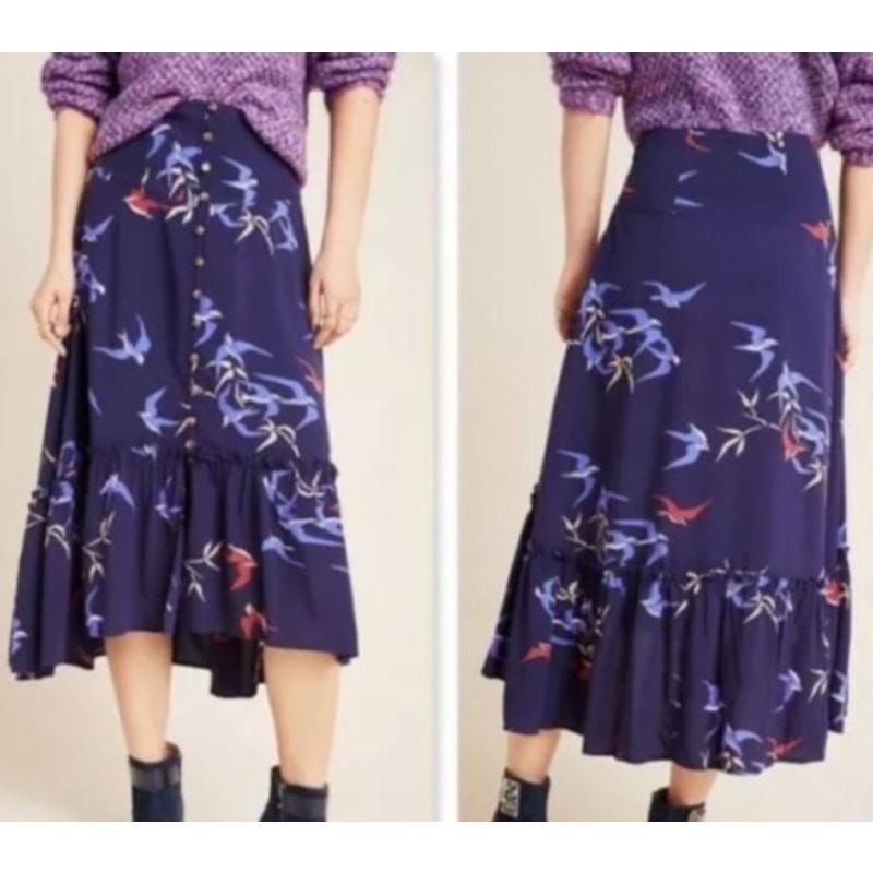 Maeve by Anthropologie Size 2 Merida Bird Print Hi-Low Button Front Midi Skirt