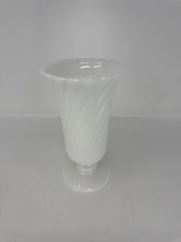 Vtg White Milk Glass Swirl Vase 9" Ribbed Spiral Tall Mid Century Floral Decor