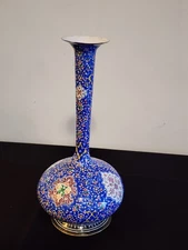 Vintage Persian Minakari Floral Enamelware Vase Bulbouse Body Narrow Neck Flare