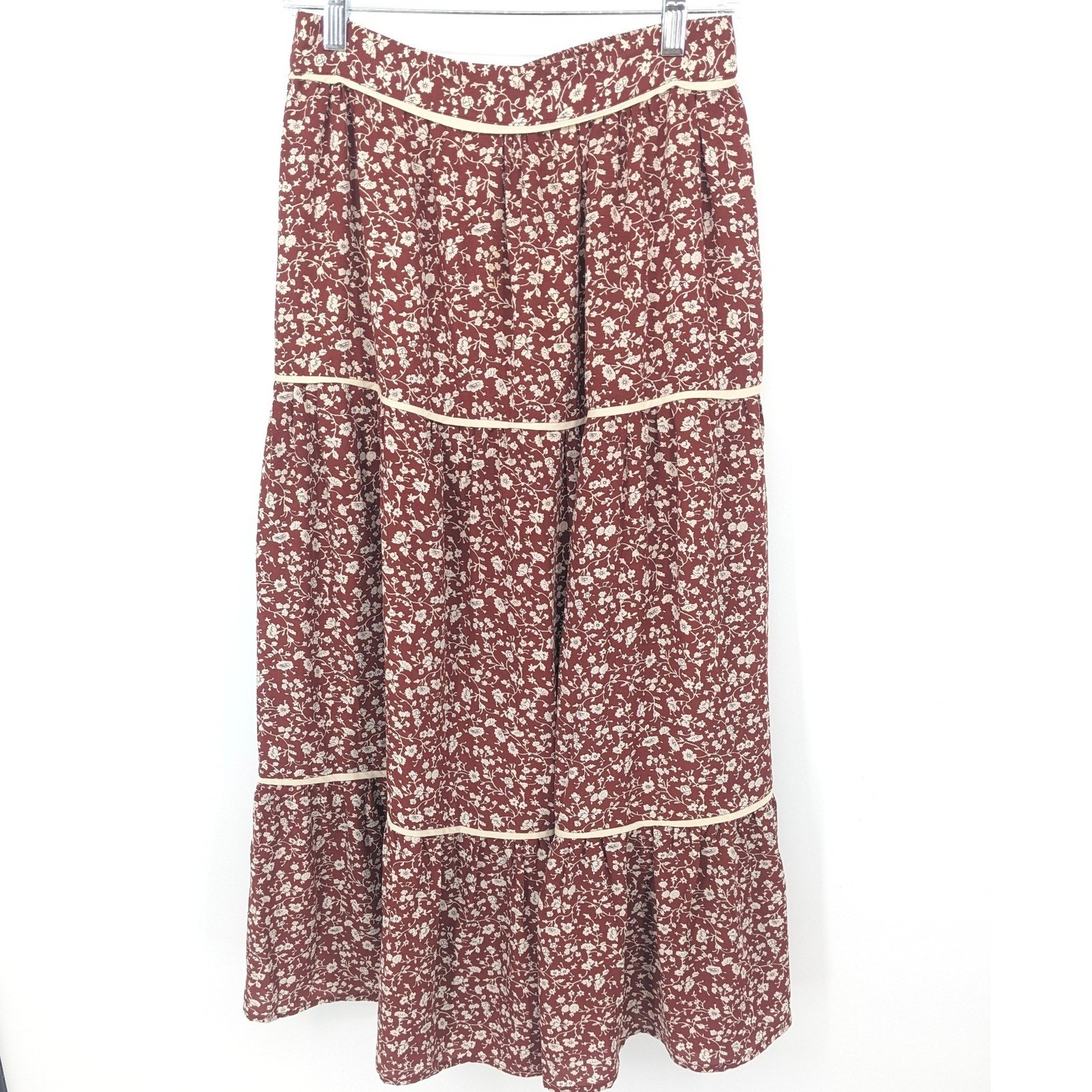 Cottagecore Maxi Skirt Floral Boho Womens Small Burgundy Tiered A Line Boho-image