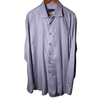St Croix Knits Mens Large Blue Houndstooth Cotton Button Down Shirt Italy