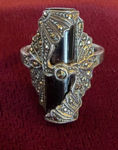 Large Art Deco 925 Silver Statement Ring Black Onyx Marcasite Size 7 3/4 8.5g