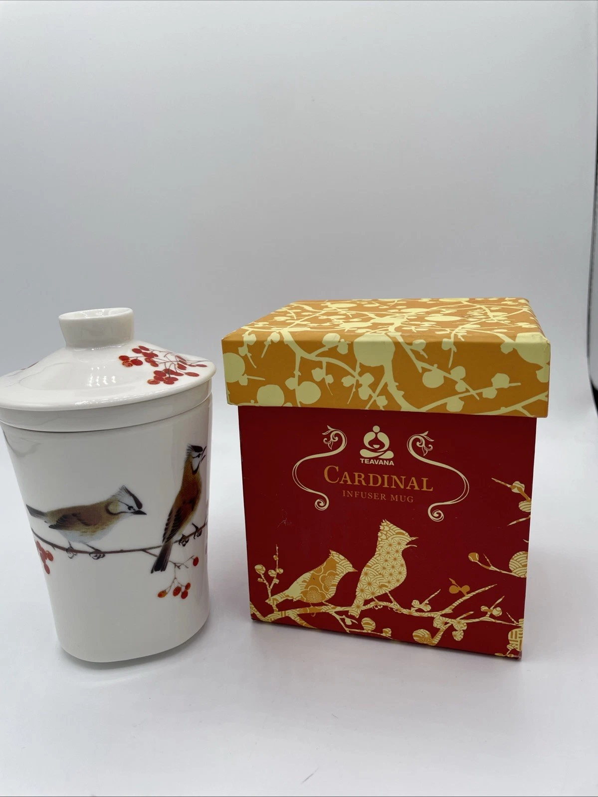 Teavana Porcelain Tea Cup W/Lid & Infuser ~ Berries And Birds