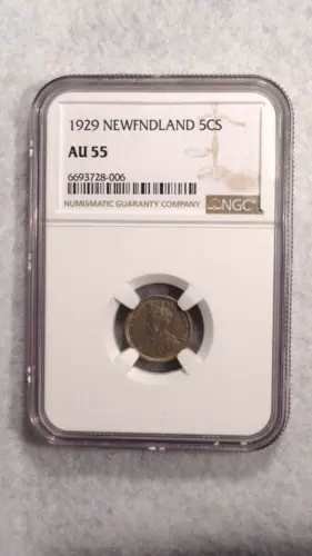 1929 Canada NEWFOUNDLAND Five Cents NGC AU55 SILVER 5C Coin BUY IT NOW!