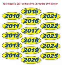 Windshield Oval Model Year Vinyl Stickers Blue & Yellow 12 of 1 Year Per Pack
