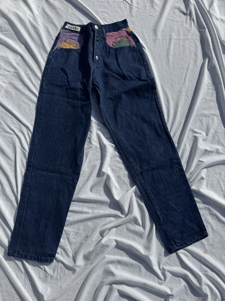 Pantalones de mezclilla vintage de acero para mujer talla 9 26X30 100 % algodón bloque de color con botones Foto 4 de 4