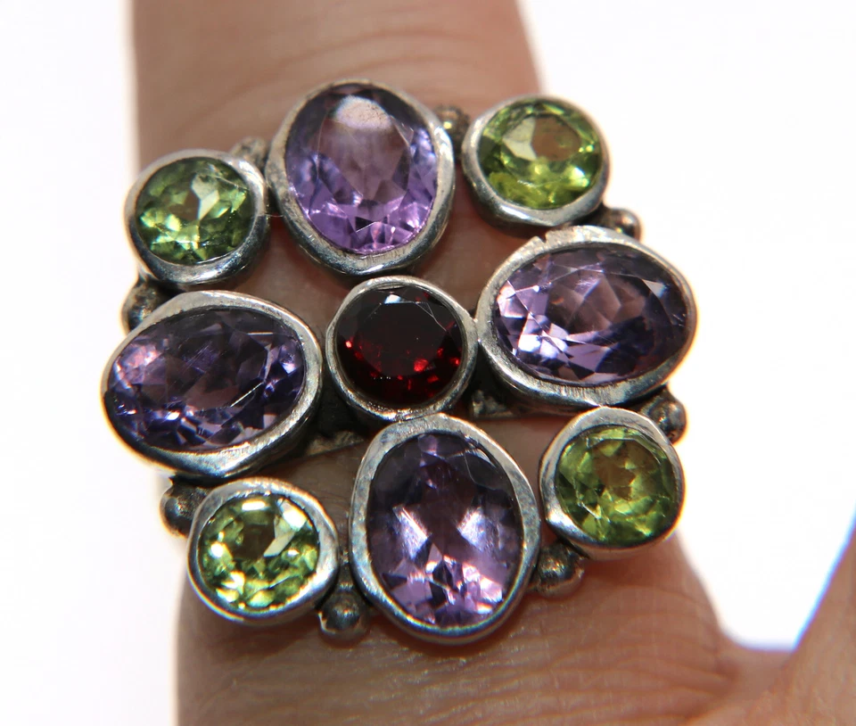 Anello argento 925 Ametista Peridoto Granato naturali misura 15 quadrato donna - Immagine 2 di 4