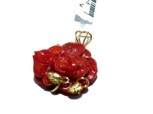 Ciondolo donna di Oro in Argento 925 e Corallo Rosso placcato Oro Pendente Fiore - Foto 5 di 6