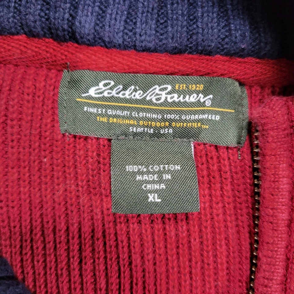 Suéter Eddie Bauer 1/4 Cremallera Rojo Tejido Para Hombre XL Azul Blanco Rayas Foto 2 de 4