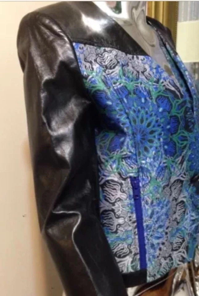 $995 Helmut lang Azul Verde Jacquard/Tapiz Negro Cuero Chaqueta/Blazer 8 Foto 3 de 4