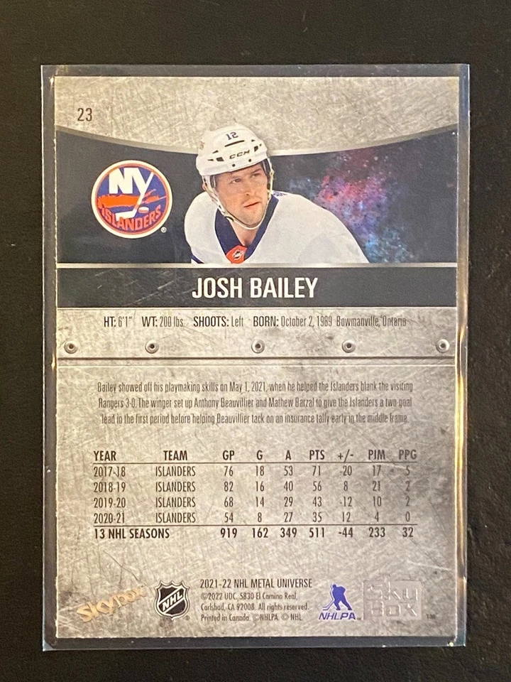 Josh Bailey 2021-22 Skybox NHL Metal Universe #23 NY Islanders - Image 2 of 2