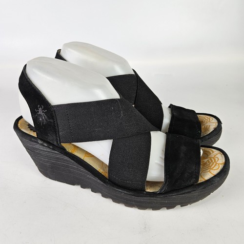 Fly London Yaji Sandals Women's 39 / 8.5 Black Leather Strappy Platform Wedge