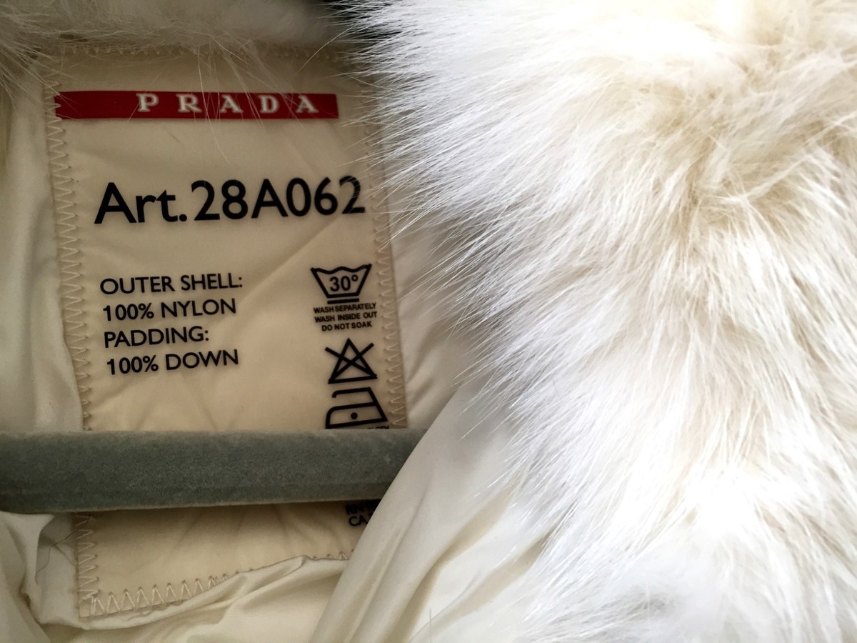 PRADA White Fox Fur Trim Down Jacket with Logo Chrome Belt (retail
