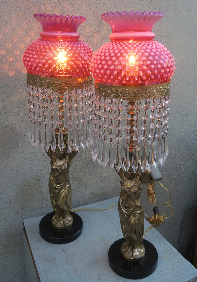 2 Fenton lamps Vintage Lady Table brass spelter Crystal prisms Cranberry shade