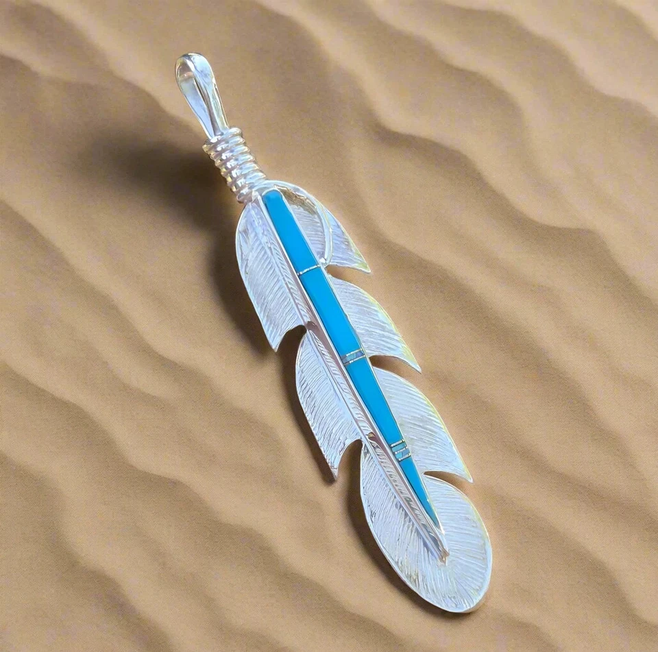 XLARGE 纯银牛仔拉皮斯美洲原住民签名羽毛吊坠 3 — 第 3/4 张图片