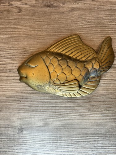 Vtg MCM Mid Century Modern Chalkware Pair Happy Fish Wall Plaque Gold - Picture 6 of 10