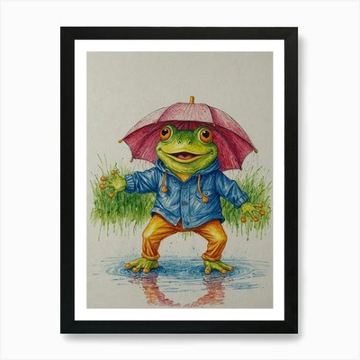Frosch im Regen Kunstdruck gerahmt Wandbild Poster Leinwanddruck Bild
