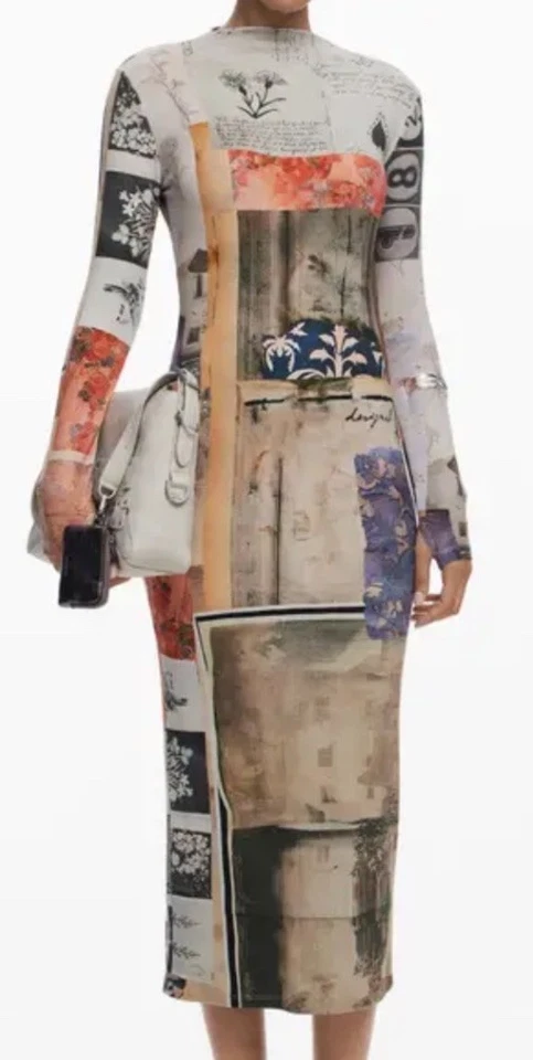 NUEVO SIN ETIQUETAS $159 Vestido Desigual Cuello Simulado Manga Larga Ajustado Maxi Lápiz Collage-Pequeño Foto 4 de 4