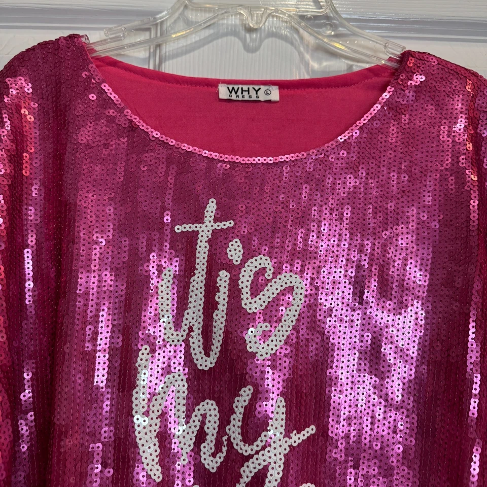 Why Dress Womens Sequined Top Pink It's My Birthday Crop Short Sleeve Size Large - Image 2 of 4