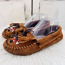 Minnetonka Thunderbird Animikii Softsole Brown Suede Leather Moccasins Size 5.5