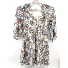 Entro Floral Babydoll Dress Women Large Blue Orange EUC Tiered V-Neck Flowy Boho