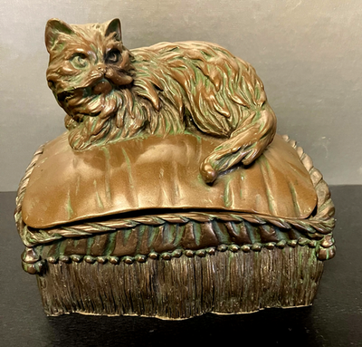 #ad #ad Vintage Cat on Pillow Trinket Box Compo w Burnished Brass Finish $25.00