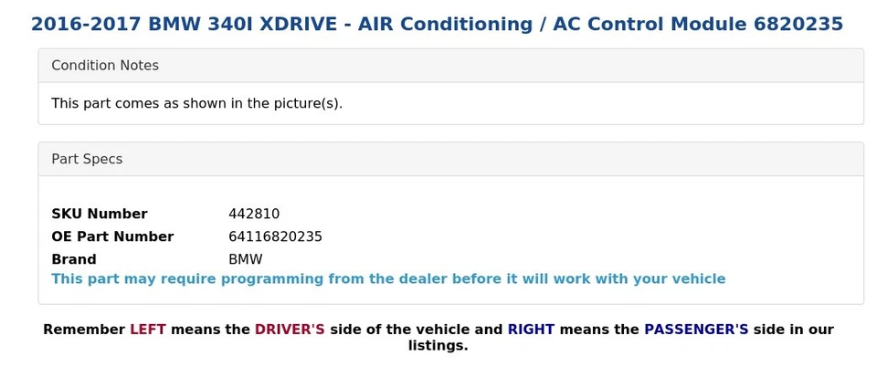 2016-2017 BMW 340I XDRIVE - Ar condicionado / módulo de controle CA 6820235 - Imagem 3 de 3