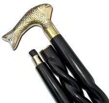 Vintage Brass Fish Head Walking Cane Wooden Shaft Twist Handle Decor Gift