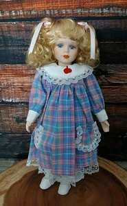 Vintage Porcelain Doll Emerald Collection New In Box With Stand Plaid Blonde 