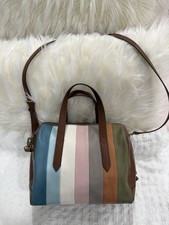 Fossil Brown Multicolor Abstract Satchel Top Handle Bag Buckle Accent Zip