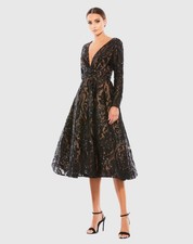 Mac Duggal New Long Sleeve Embellished Plunge Midi Gown In Black Nude Size 4