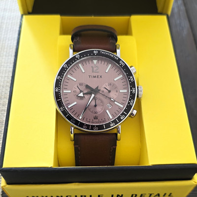 Timex Waterbury Quartz Chronograph Tachymeter Pink Dial Brown Leather w/ Box