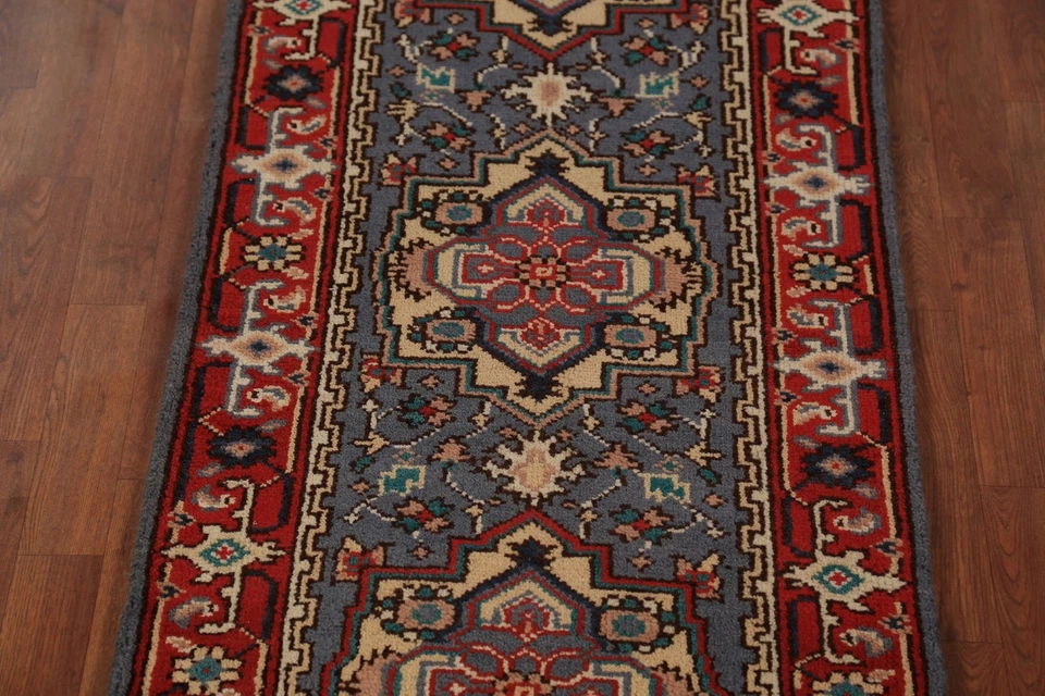 Gray Blue Geometric Runner Rug 3x8 Hand-knotted Wool Oriental Hallway Carpet - Image 4 of 4