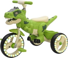 Dinosaur-themed children's tricycle with large wheels and music function.