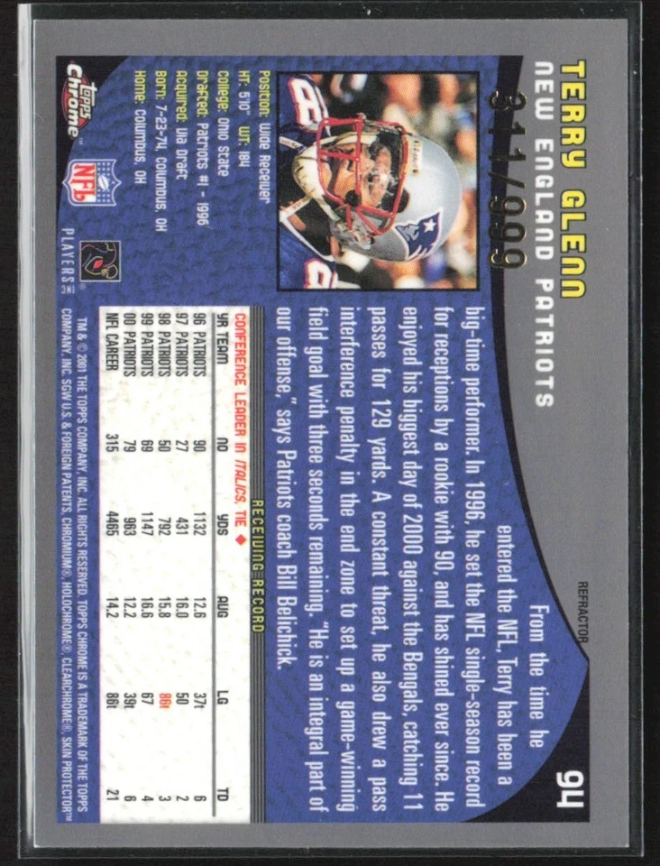 Terry Glenn 2001 Topps Chrome Refractor /999 #94 New England Patriots - Image 2 of 3