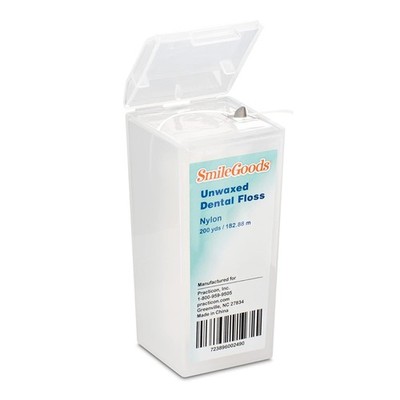 SmileGoods Unwaxed 200 Yard Dental Floss, Shred Resistant Nylon, Noncoated, Wax
