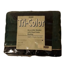 Vintage NOS Sears Tri-Color Acrylic Reversible Satin Binding Twin Blanket