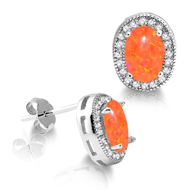 Oval Mexican Orange Fire Opal with Clear Gemstones Sterling Silver Stud