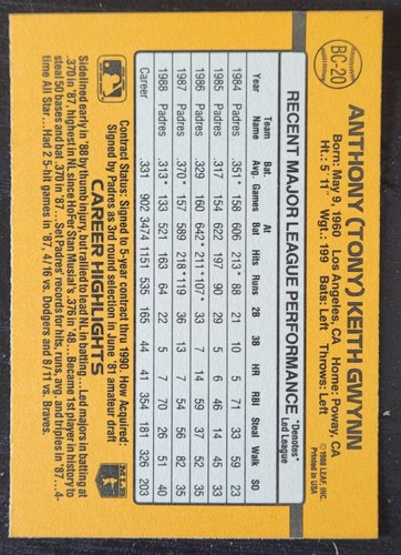 1989 DONRUSS BASEBALL MVP TONY GWYNN PADRES # BC-20 - DOUBLE (*) ERROR CARD - Picture 2 of 3