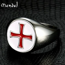 MENDEL Mens Knights Templar Crusader Red Cross Ring Masonic Stainless Steel Band