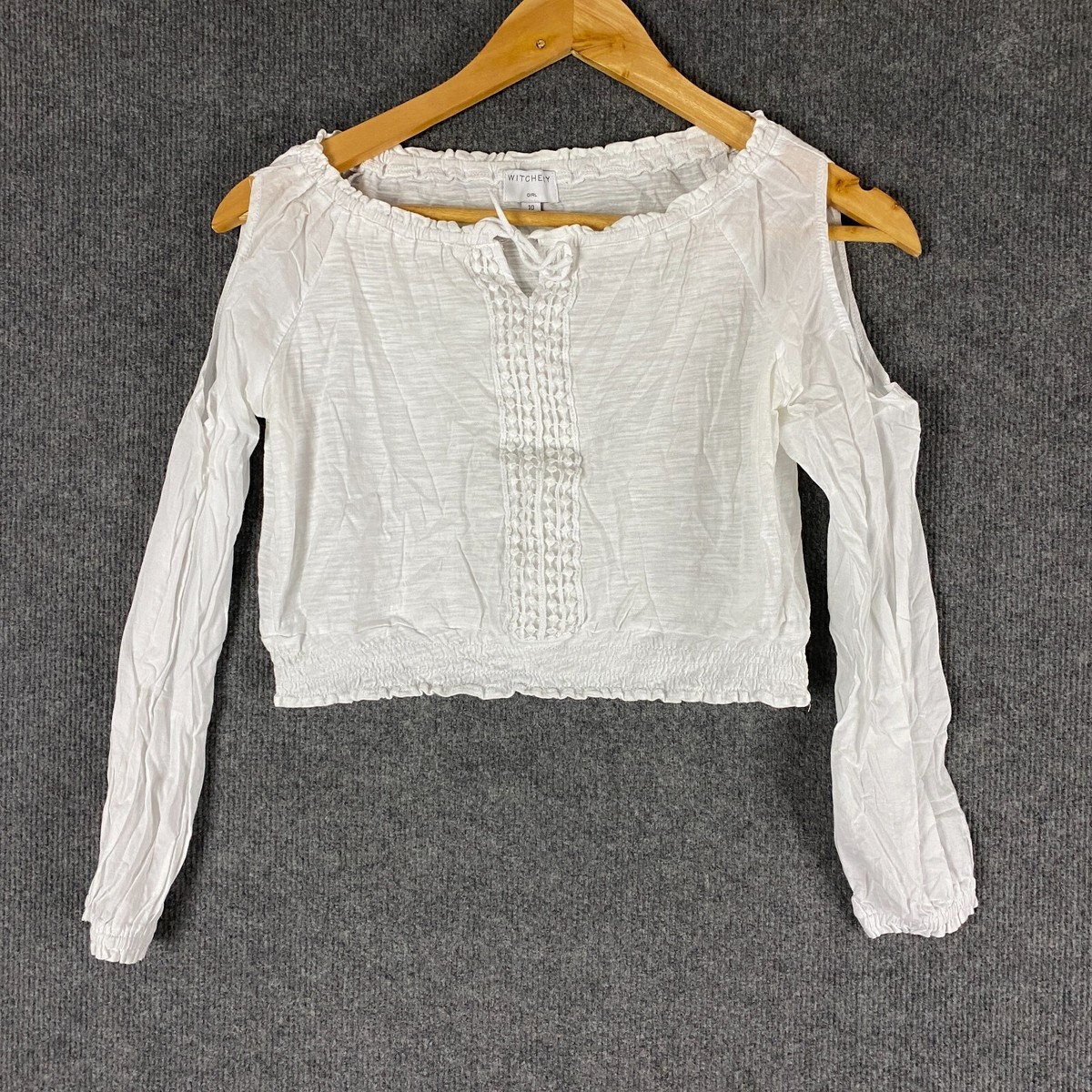 Witchery Top Girls 10 White Blouse Boho Cropped Cold Shoulder