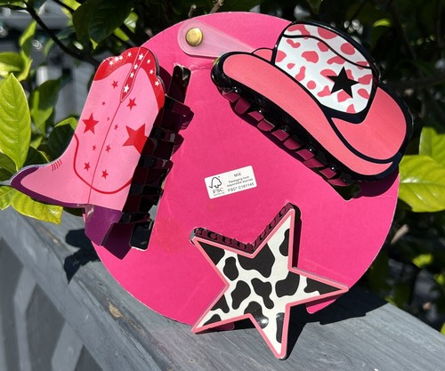 Pink Linen Yee Haw Hair Claw Clips Cowgirl Boot ,Hat & Star Country Cow Print - Picture 2 of 2