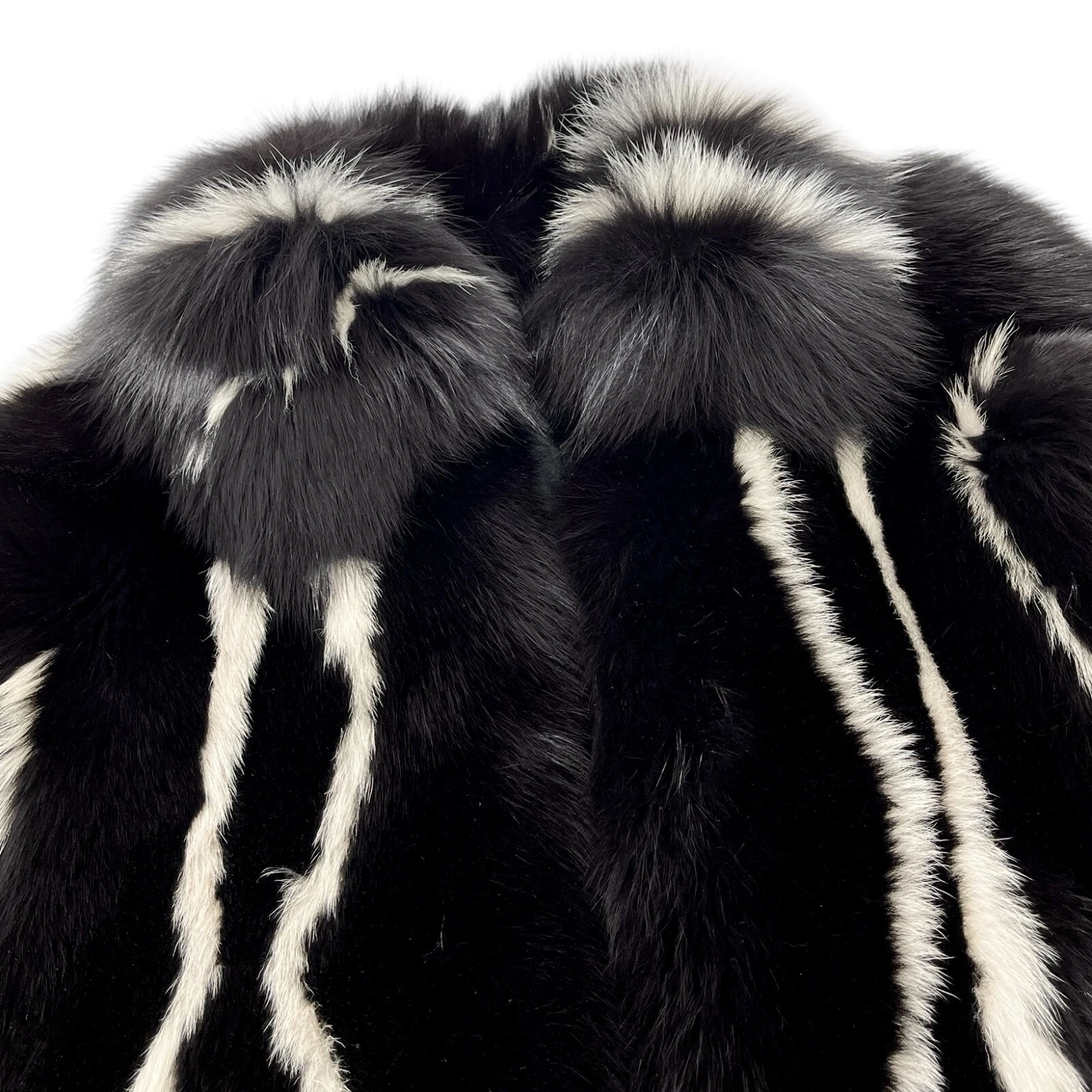 GUCCI Giacca Pelliccia di Volpe Vintage Logo #36 Cappotto Gancio Nero Bianco Pelle Seta