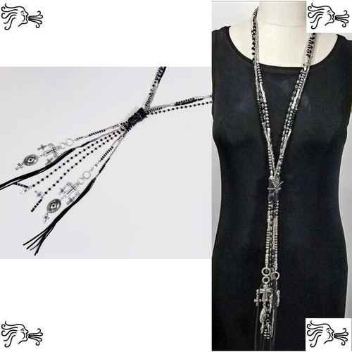 32 Inch Crystal Leather Stone Long Necklace Boho Tassel Silver Chain Charm Women - Picture 17 of 65