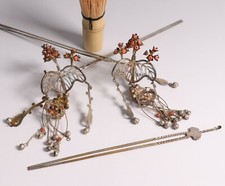 Japanese Silver Coral Kanzashi Hairpin Set of 3 Geisha Accessory Paulownia Motif