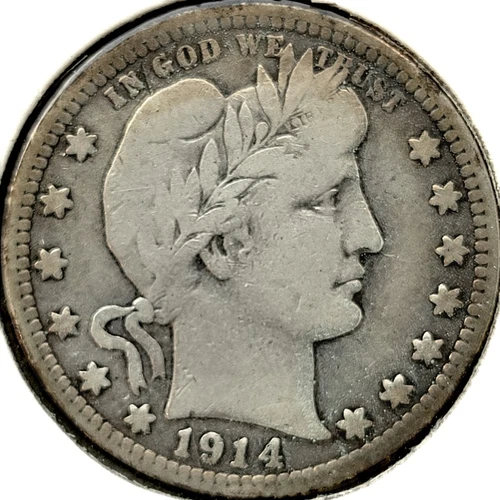 1914-D Barber Quarter 25c Fine VG++ Condition * Old Cleaning * 1914D ALL LETTERS