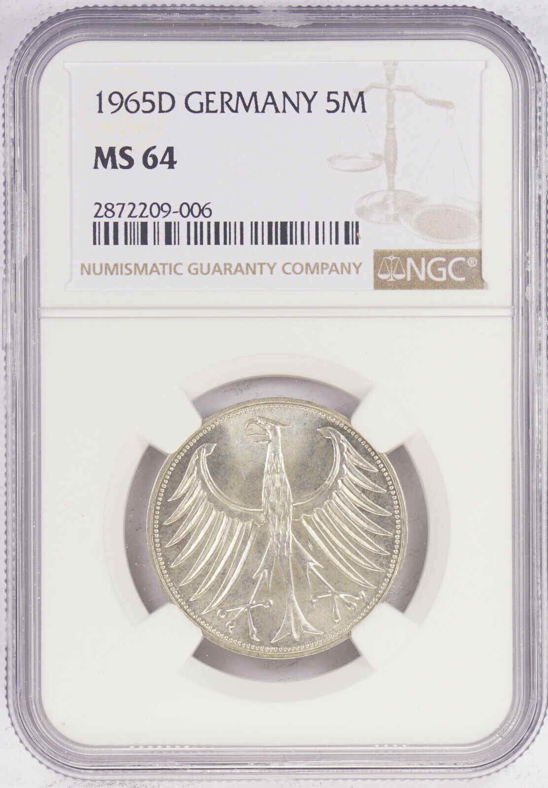 1965D 5 Mark West Germany Silver Coin KM-112.1 NGC MS64