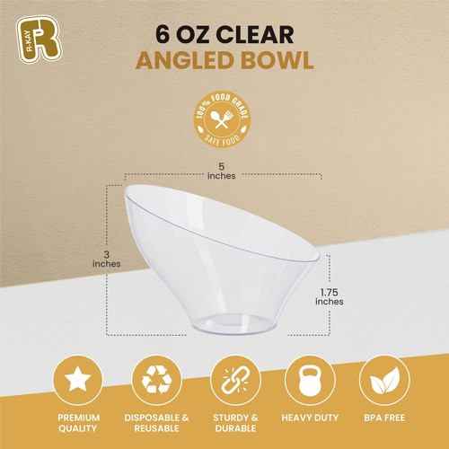 6 Pack 6oz Clear Angled Plastic Serving Bowls for Parties Weddings Catering - Picture 3 of 6